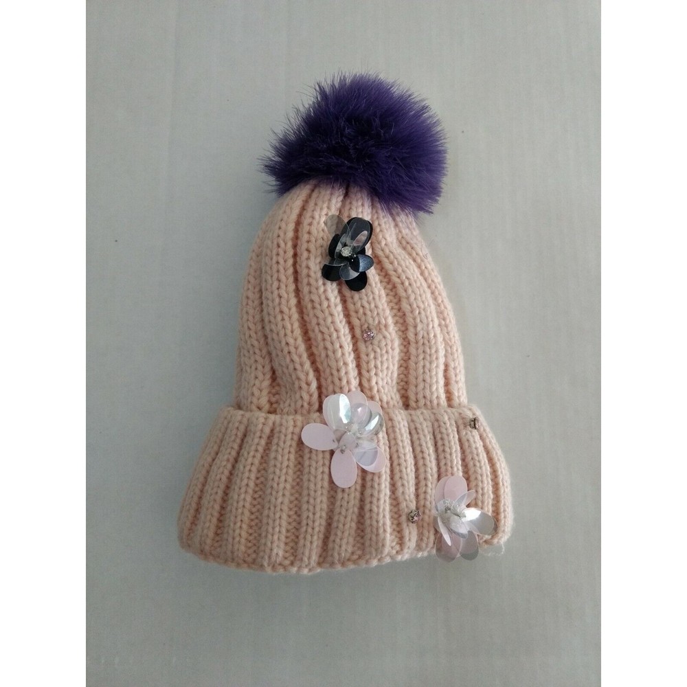 New Cara New York Women's Pink Knit Hat Flower Pom Pom OSFM Ostrich Feathers